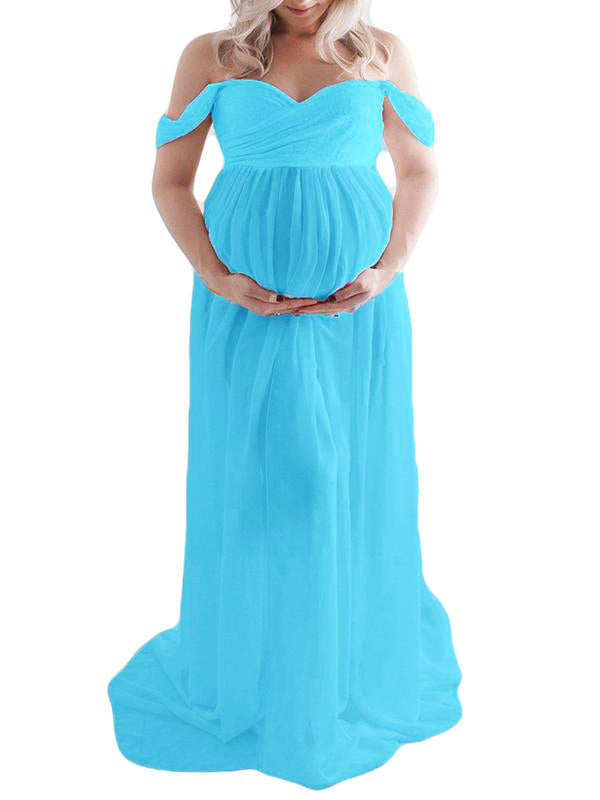 Momnfancy Slit Off Shoulder Photoshot Flowy Maxi Maternity Dress