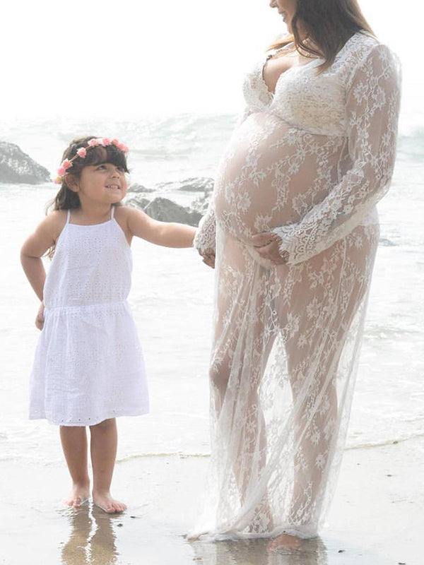 Momnfancy Sheer Lace V-neck Long Sleeve Pregnancy Photography Gown Maternity Milk Bath Photoshoot Dress
