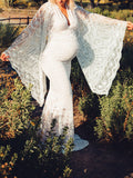 Momnfancy White Lace Mermaid V-neck Flare Sleeve Wedding Gown Elegant Maternity Photoshoot Maxi Dress