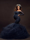 Momnfancy Lace Off Shoulder Mermaid Tutu Photoshoot Maternity Gowns For Babyshower Maxi Dress