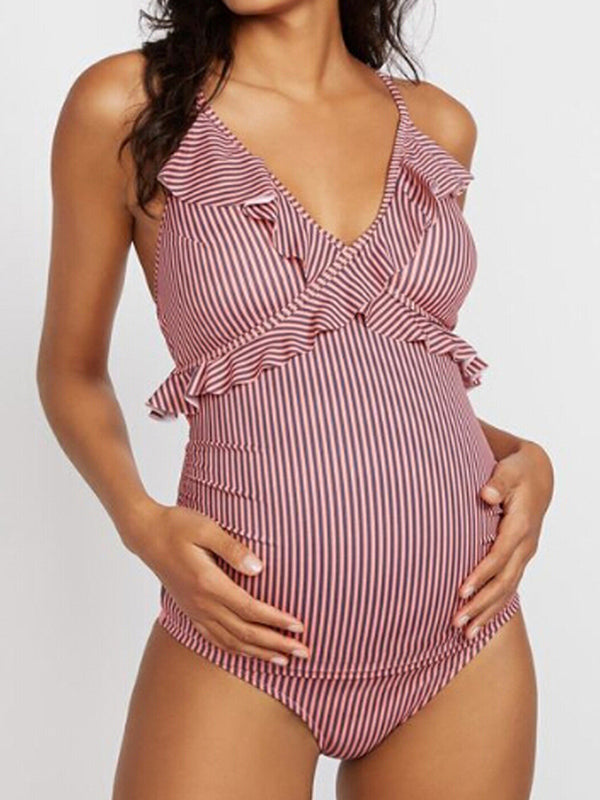 Momnfancy Striped Print Ruffle Adjustable-straps V-neck One-Piece Maternity Swimwear
