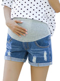 Momnfancy Ripped Pockets Buttons Abdomen Supportive High Rise Stretch Denim Shorts