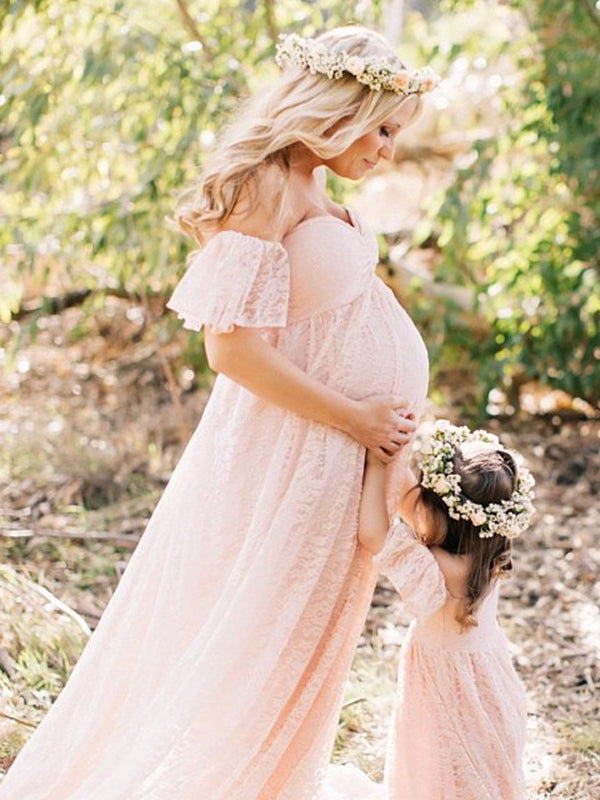 Momnfancy Lace Trailing Off Shoulder Maternity Babyshower Elegant Maxi Dress