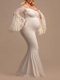 Momnfancy Lace Off Shoulder Flare Sleeve Mermaid Babyshower  Maternity Dress