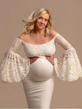 Momnfancy Lace Off Shoulder Flare Sleeve Mermaid Babyshower  Maternity Dress
