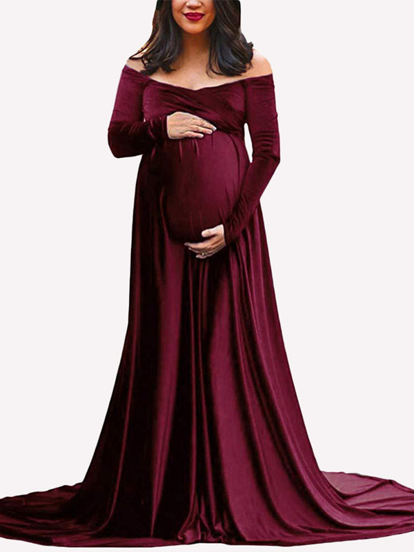 Momnfancy Pleuche Off Shoulder Long Sleeve Babyshower Mermaid Maternity Dress