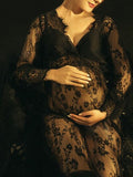 Momnfancy Lace Sheer Front Slit Maternity For Babyshower Maxi Dress