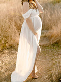 Momnfancy Off-shoulder Grenadine Cross Chest Maternity Dresses For Photoshoot Maxi Dress