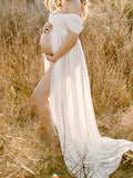 Momnfancy Off-shoulder Grenadine Cross Chest Maternity Dresses For Photoshoot Maxi Dress