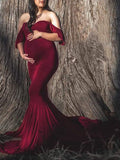 Momnfancy Mermaid Babyshower Maternity Ruffle Off Shoulder Draped Maxi Dress
