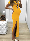 Momnfancy Side Slit Bodycon Round Neck Short Sleeve Casual Maxi Maternity Dress