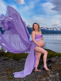 Momnfancy Flowy Chiffon Lace Bandeau Irregular Split Front Sleeveless Photoshot Maternity Maxi Dress