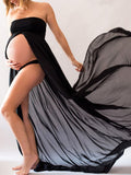 Momnfancy Bandeau Draped Slit Maternity Maxi Dress For Babyshower