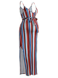 Momnfancy Rainbow Striped Slit Sashes Round Neck Sleeveless Maternity Dress
