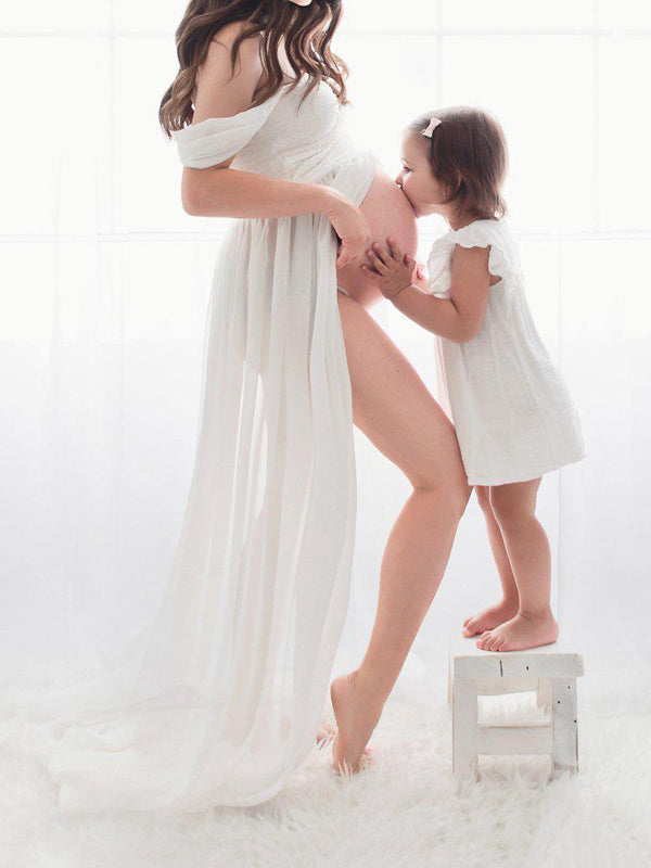 Momnfancy Slit Off Shoulder Photoshot Flowy Maxi Maternity Dress