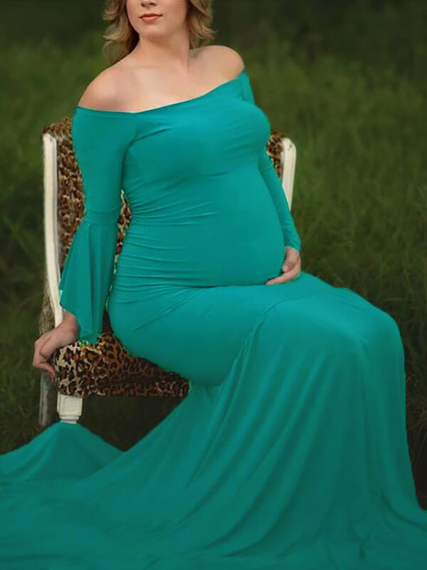 Momnfancy Draped For Babyshower Off Shoulder Long Sleeve Maternity Dress