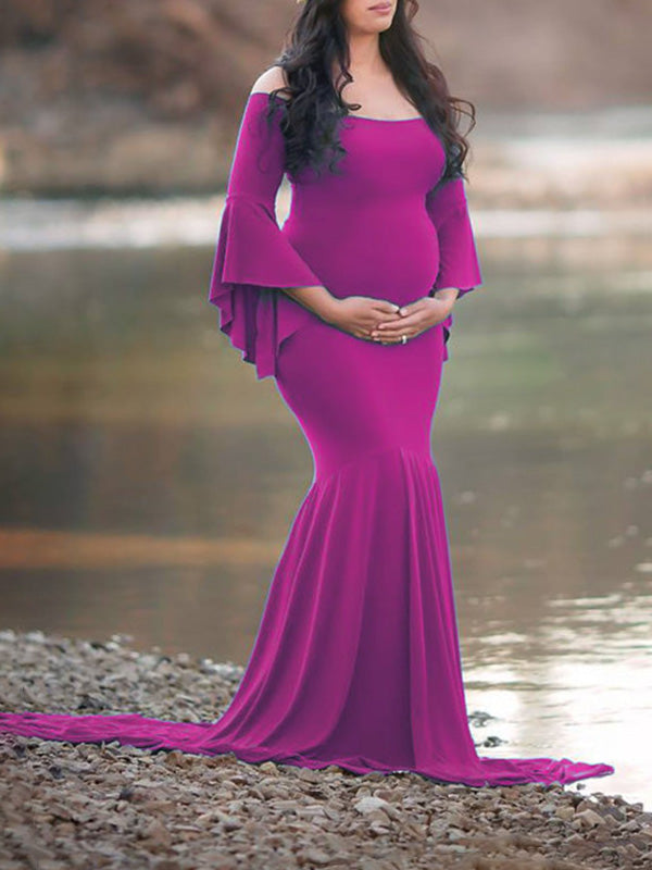 Momnfancy Draped For Babyshower Off Shoulder Long Sleeve Maternity Dress