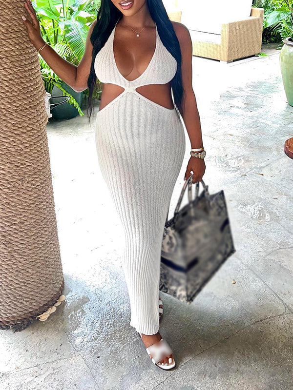 Momnfancy White Backless Halter Neck Cut Out Side Slit Crop Plus Size Vacation Baby Shower Maternity Photoshoot Maxi Dress
