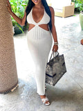 Momnfancy White Backless Halter Neck Cut Out Side Slit Crop Plus Size Vacation Baby Shower Maternity Photoshoot Maxi Dress