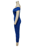 Momnfancy Blue Ruched Off Shoulder Cross Chest Elegant Bodycon Baby Shower Maternity Midi Dress