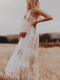 Momnfancy Lace Grenadine Flowy V-neck Sleeveless  Photoshoot Gowns White Maternity Maxi Dress