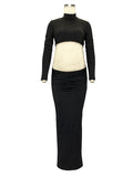 Momnfancy Solid Color Ruffle High Neck Crop Top 2-in-1 Long Sleeve Bodycon Club Party Photoshoot Maternity Maxi Dress