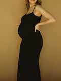 Momnfancy Black Spaghetti Straps U-neck Sleeveless Bodycon Cami Basic Maternity Daily Going Out Maxi Dress