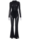 Momnfancy Black Mesh Flare Bell Bottom 2-in-1 Photoshoot Bodycon Bodysuit Streetwear Maternity Jumpsuit