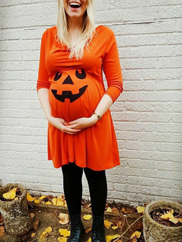 Momnfancy Skull Print Long Sleeve Halloween Pregnant Maternity Midi Dress