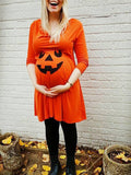 Momnfancy Skull Print Long Sleeve Halloween Pregnant Maternity Midi Dress