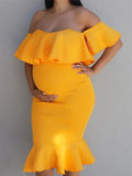 Momnfancy Ruffle Off Shoulder Bodycon Babyshower Maternity Fashion Midi Dress