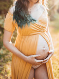 Momnfancy Off Shoulder Slit Short Sleeve Babyshower Maternity Maxi Dress