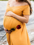 Momnfancy Off Shoulder Slit Short Sleeve Babyshower Maternity Maxi Dress
