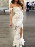 Momnfancy Lace Off Shoulder Bodycon Slit Short Sleeve Maternity Banquet Maxi Dress