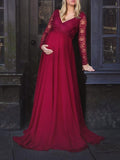 Momnfancy Lace Big Swing V-neck Long Sleeve Photoshoot Maternity Maxi Dress