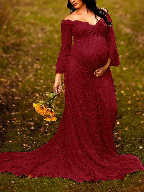 Momnfancy Lace Off Shoulder Mermaid Maternity Photoshoot Maxi Dress