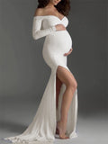 Momnfancy Side Slit Off Shoulder Pregnancy Photoshoot Gown Mermaid Baby Shower Maternity Maxi Dress