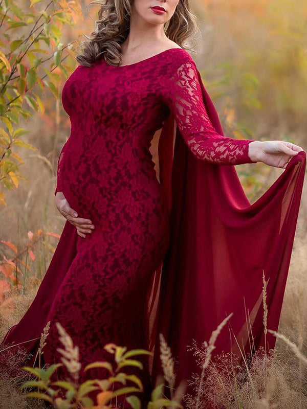 Momnfancy Lace Bodycon Chiffon Maternity For Babyshower Flowy Maxi Dress