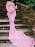 Momnfancy Solid Color Off Shoulder Bodycon Mermaid Photoshoot Maternity Maxi Dress
