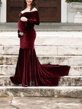 Momnfancy Velvet Off Shoulder Bodycon Mermaid Babyshower Maternity Maxi Dress