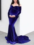 Momnfancy Velvet Off Shoulder Bodycon Mermaid Babyshower Maternity Maxi Dress