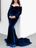 Momnfancy Velvet Off Shoulder Bodycon Mermaid Babyshower Maternity Maxi Dress