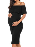 Momnfancy Ruffle Off Shoulder Baby Shower Fitted Maternity Midi Dress