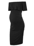 Momnfancy Ruffle Off Shoulder Baby Shower Fitted Maternity Midi Dress