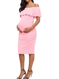 Momnfancy Ruffle Off Shoulder Baby Shower Fitted Maternity Midi Dress