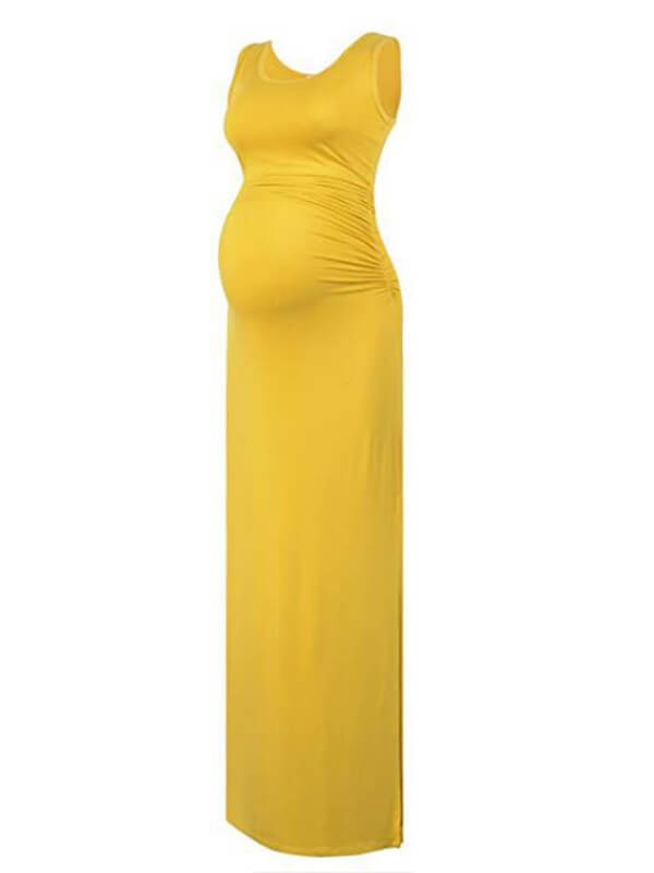 Momnfancy Solid Fitted Round Neck Sleeveless Maternity Maxi Dress