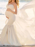 Momnfancy Solid Mermaid Photoshoot Off Shoulder Fitted V-neck Maternity Maxi Dress