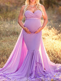 Momnfancy Solid Mermaid Photoshoot Off Shoulder Fitted V-neck Maternity Maxi Dress