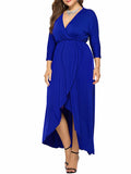 Momnfancy Solid Slit  V-neck Long Sleeve High-low Plus Size Maternity Midi Dress