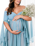 Momnfancy Slit Grenadine Flowy Sleeve Photoshoot Maternity Maxi Dress